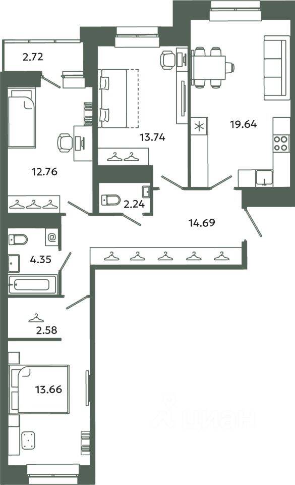 3-комн. квартира, 83,66 м², в ЖК Загляденье