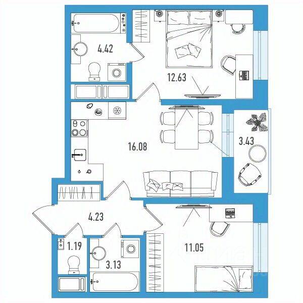 2-комн. квартира, 54,45 м², в ЖК Искра Сити