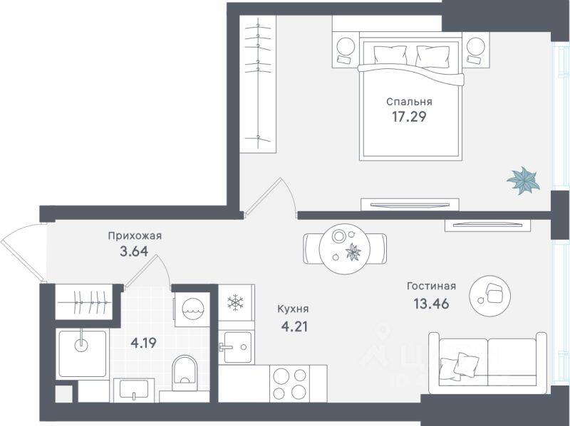 1-комн. квартира, 42,79 м², в ЖК «Солос»