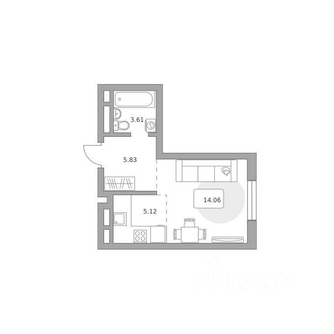 Планировка 1 комнатной квартиры, 28.62 м², в «Живописный»