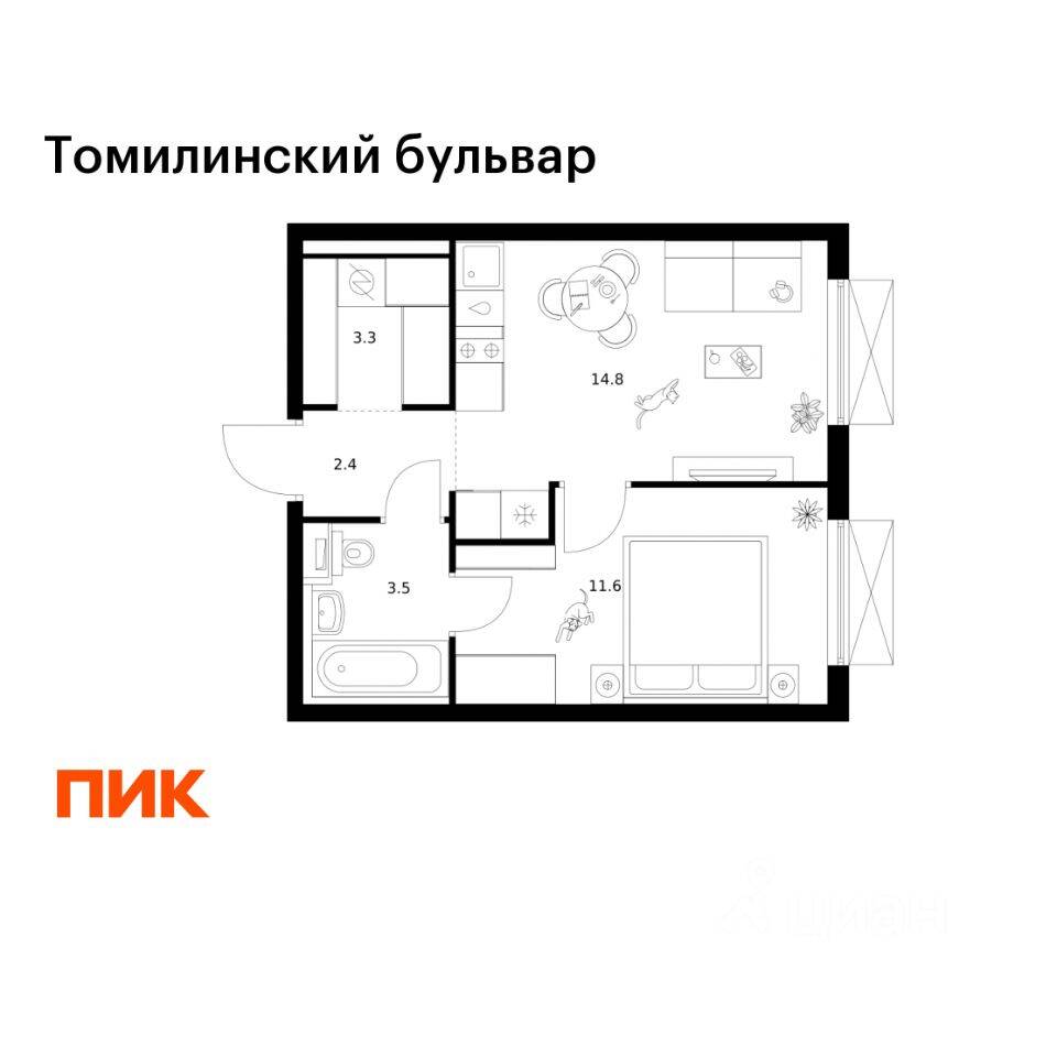 1-комн. квартира, 35,6 м², в ЖК Томилинский бульвар