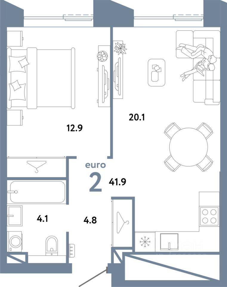 2-комн. квартира, 41,9 м², в ЖК Страна.Заречная