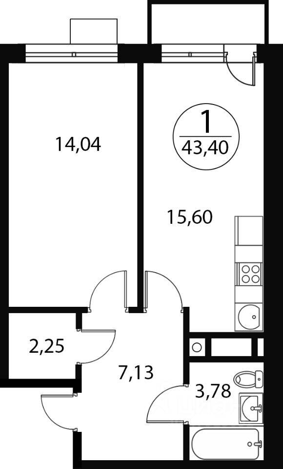 1-комн. квартира, 43,4 м², в ЖК «Катуар»