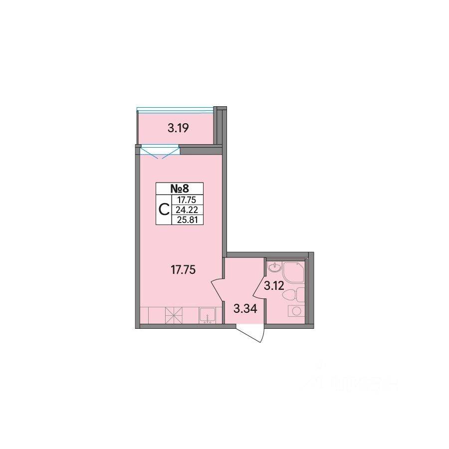 Планировка 1 комнатной квартиры, 25.8 м², в «Рождественский квартал»