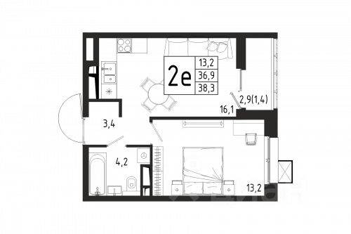 1-комн. квартира, 38,3 м², в ЖК «Берег»