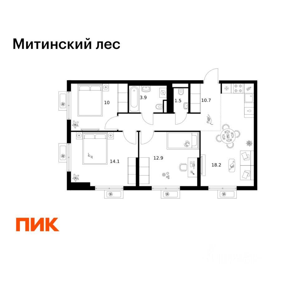 3-комн. квартира, 71,3 м², в ЖК Митинский лес