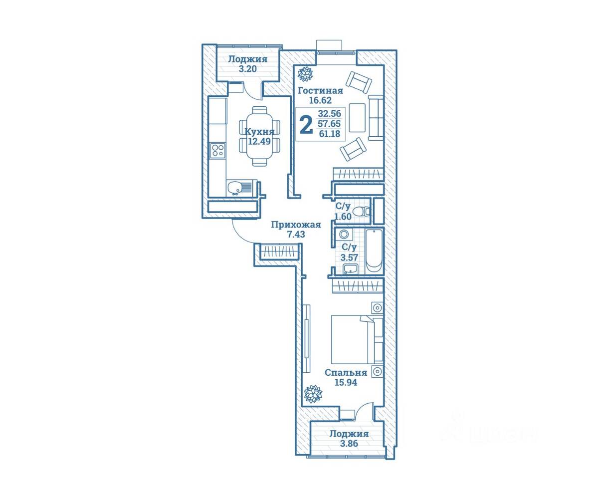 2-комн. квартира, 61,18 м², в ЖК Новоград Монино