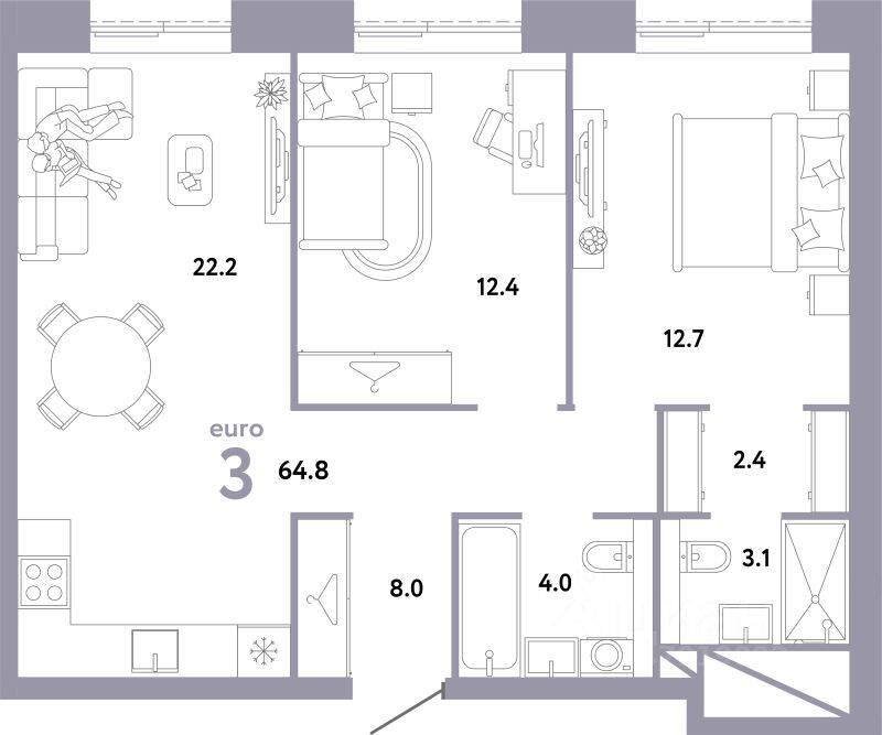 3-комн. квартира, 64,8 м², в ЖК Страна.Заречная
