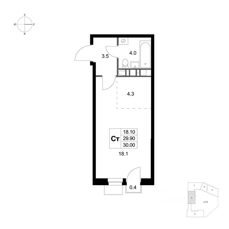 Квартира-студия, 30 м², в ЖК Легенда Марусино