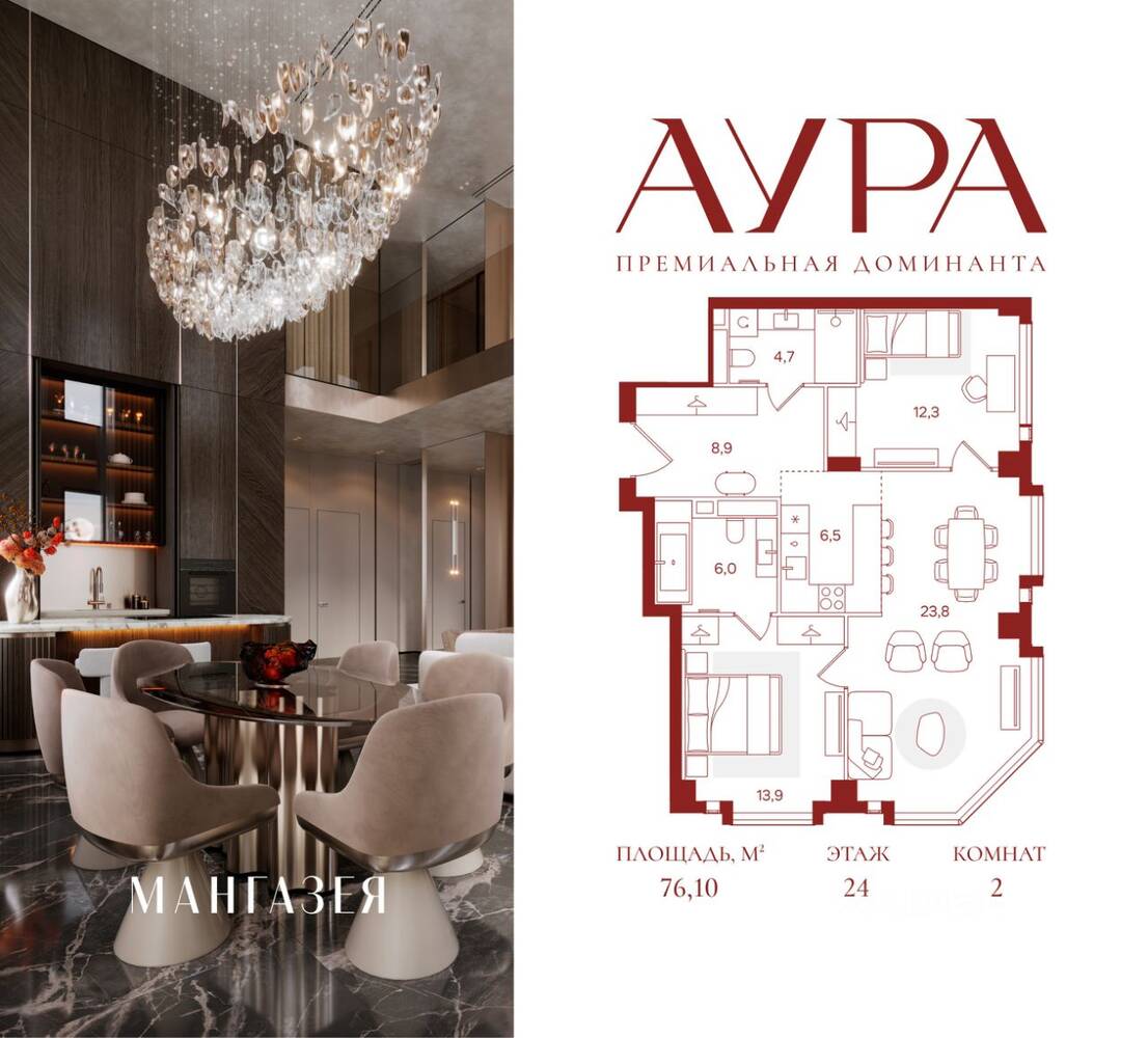 2-комн. квартира, 76,1 м², в ЖК АУРА