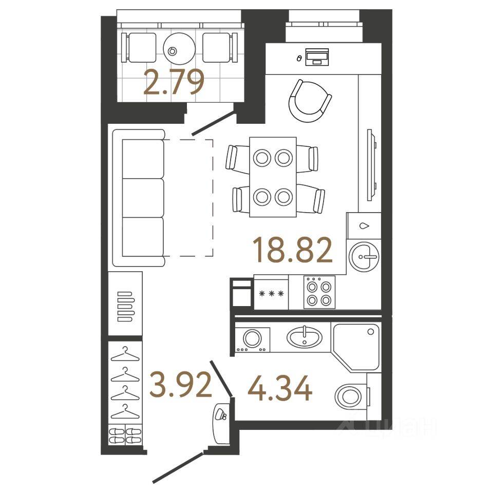 Планировка 1 комнатной квартиры, 27.08 м², в «Ультра Сити 3.0»
