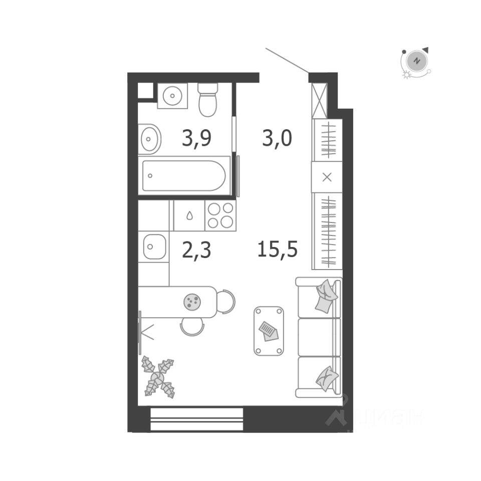 Планировка 1 комнатной квартиры, 24.7 м², в «Жилой квартал Shagal»