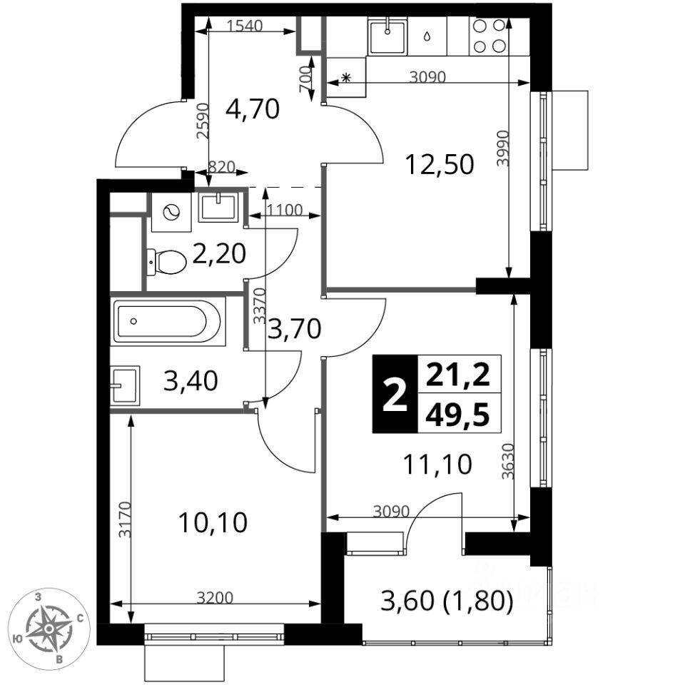 2-комн. квартира, 49,5 м², в ЖК 1-й Химкинский