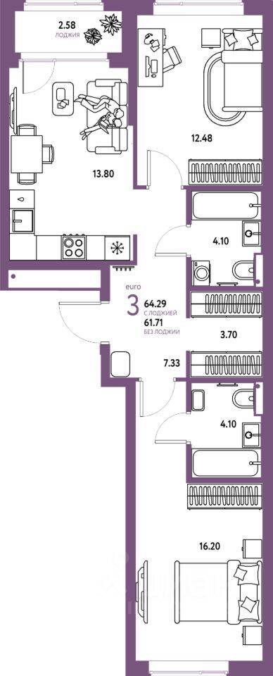 3-комн. квартира, 64,29 м², в ЖК Страна.Парковая