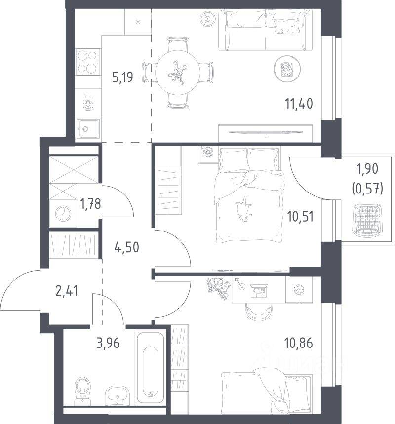 2-комн. квартира, 51,18 м², в ЖК Новое Видное