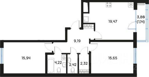 2-комн. квартира, 70,84 м², в ЖК Регенбоген