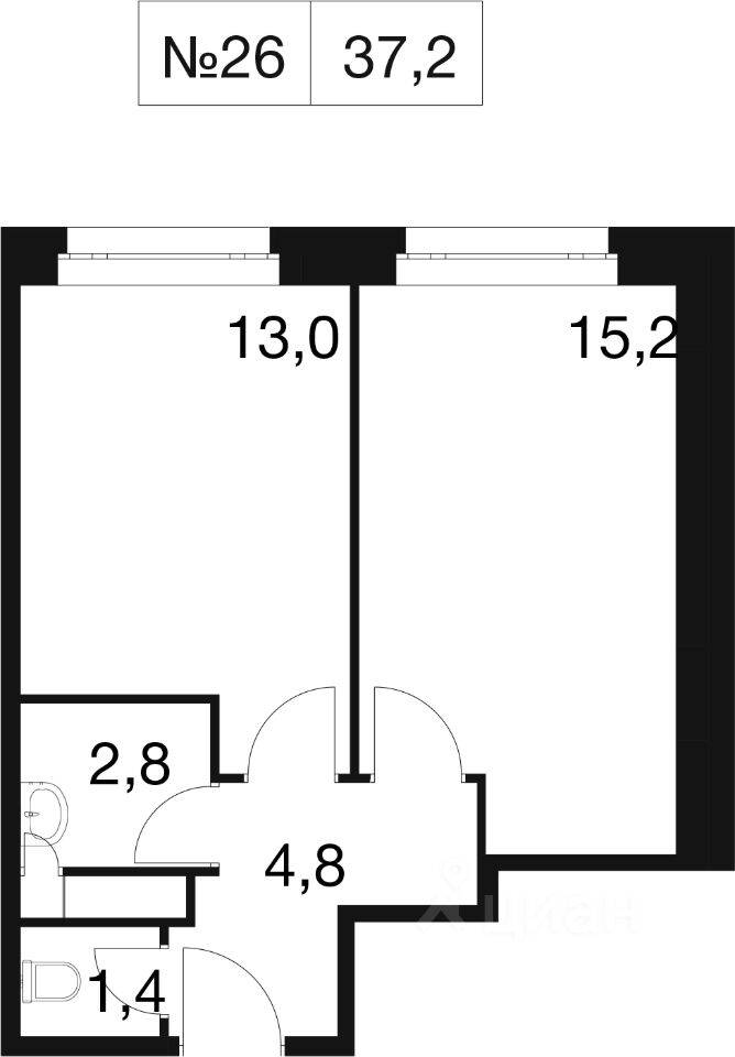 1-комн. квартира, 37,2 м², в ЖК Идеал