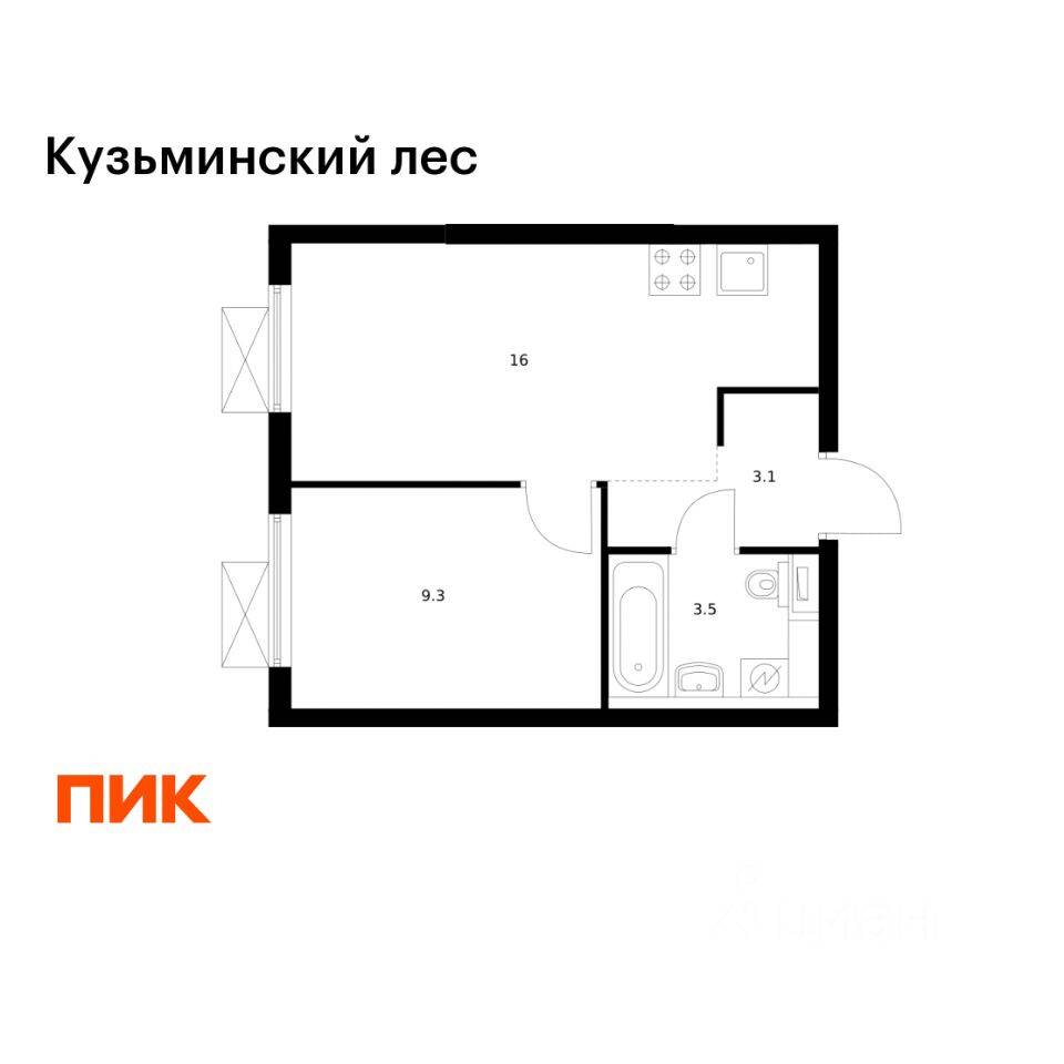 Планировка 1 комнатной квартиры, 31.9 м², в «Кузьминский лес»