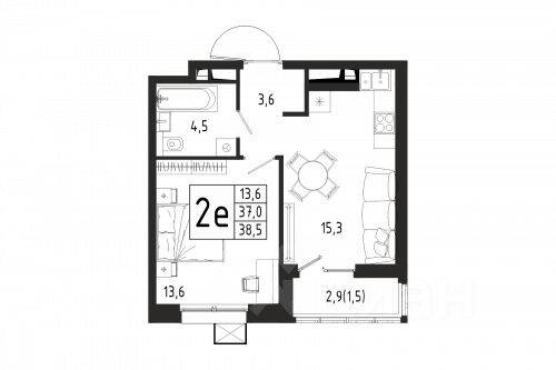 Планировка 1 комнатной квартиры, 38.5 м², в «Берег»
