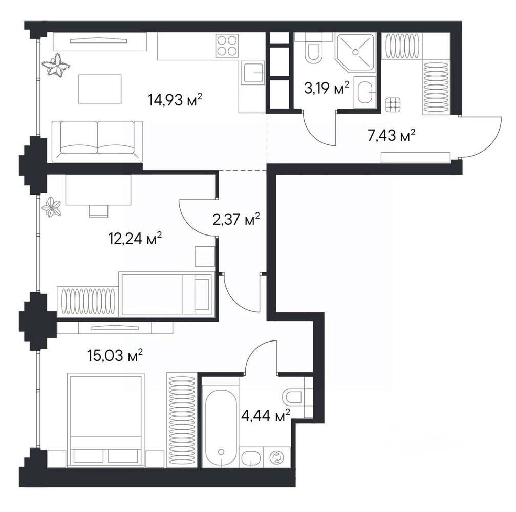 2-комн. квартира, 59,57 м², в ЖК 1-й Нагатинский