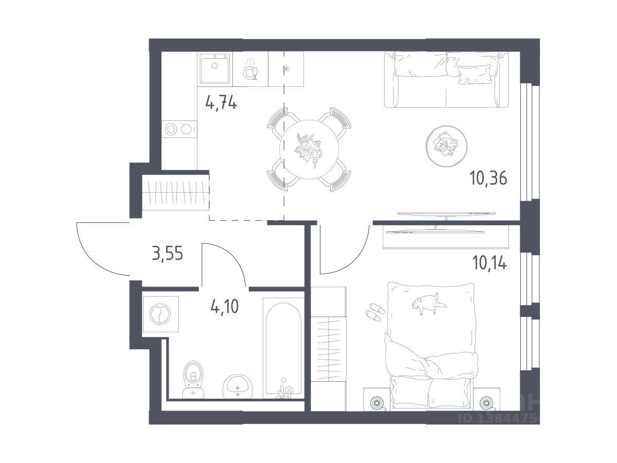 1-комн. квартира, 32,89 м², в ЖК «Пригород Лесное»