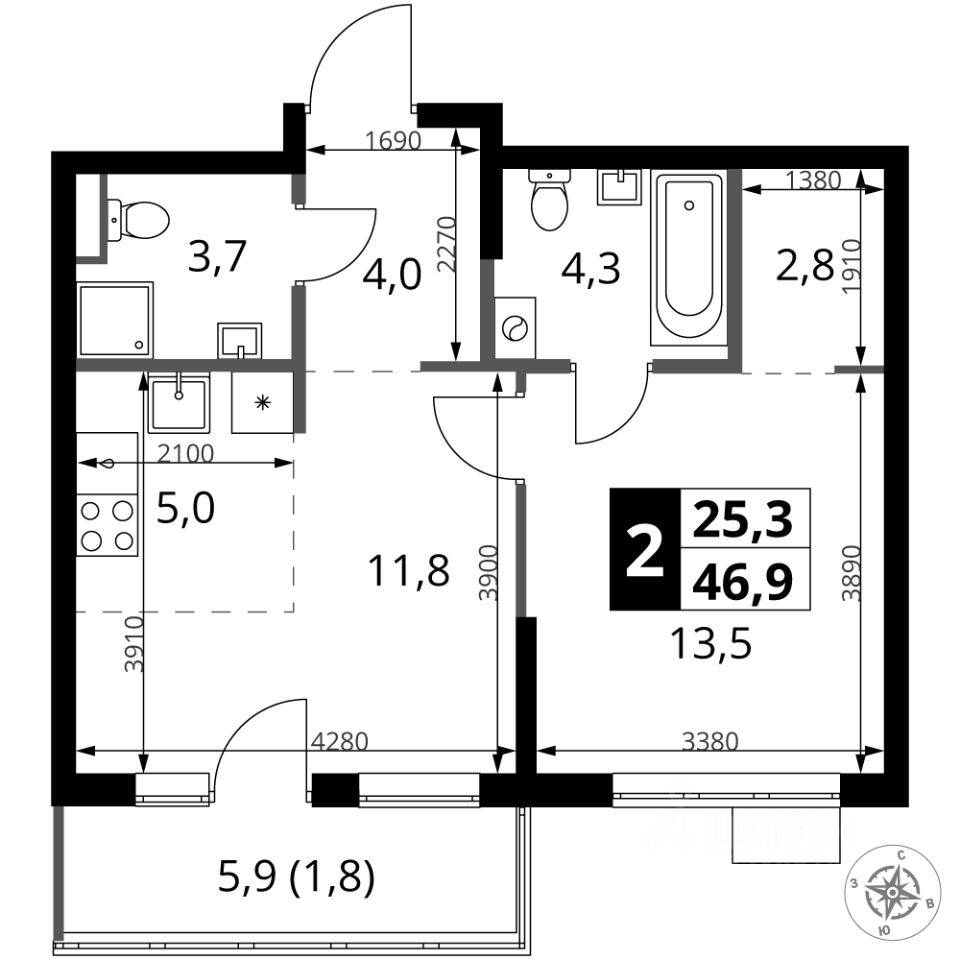 2-комн. квартира, 46,9 м², в ЖК 1-й Ясеневский