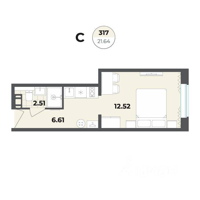 Квартира-студия, 21,64 м², в Апарт-комплекс Лиговский, 127