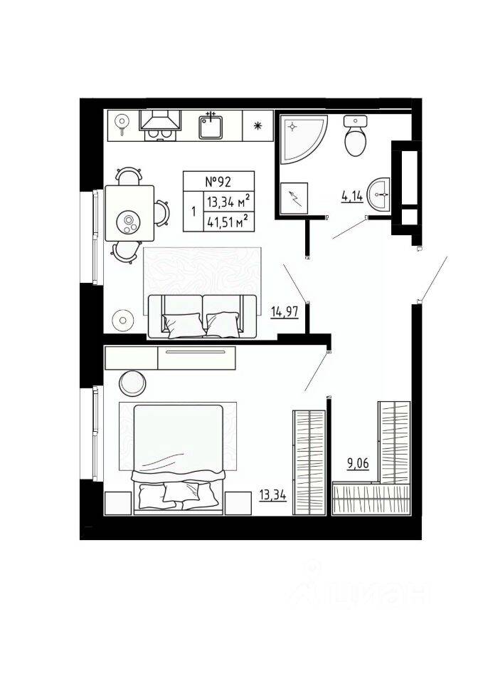 1-комн. квартира, 41,8 м², в Малоэтажный ЖК Аннино Сити