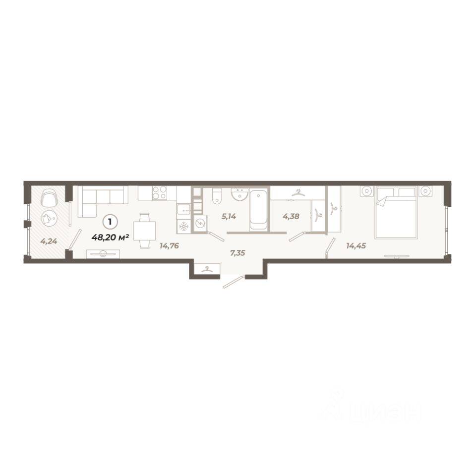 1-комн. квартира, 48,2 м², в ЖК «Знатный»