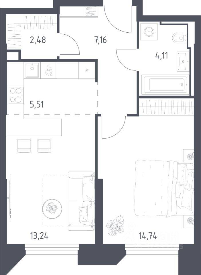 Планировка 1 комнатной квартиры, 47.24 м², в «Sky Sputnik»