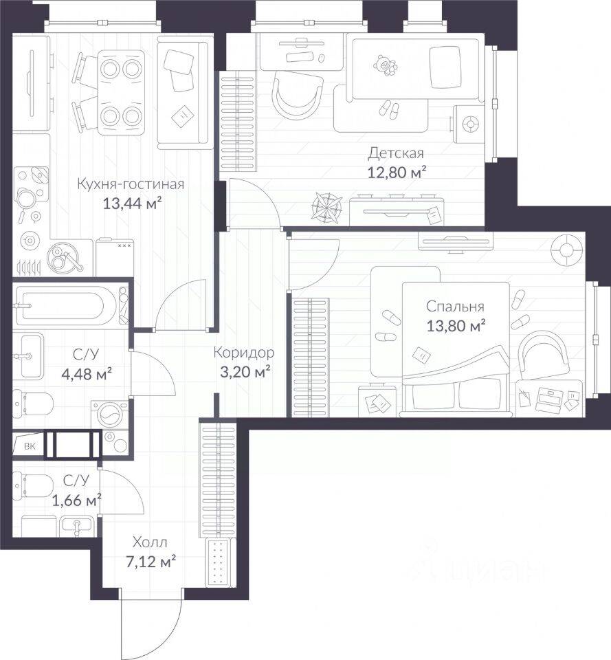 2-комн. квартира, 56,5 м², в ЖК ВЕРЕН НОРТ Сертолово