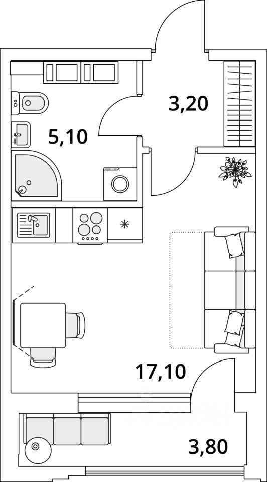 Квартира-студия, 27,4 м², в ЖК Тайм Сквер