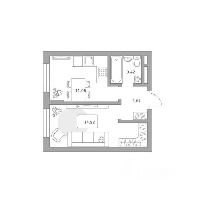 Планировка 1 комнатной квартиры, 33.07 м², в «Живописный»