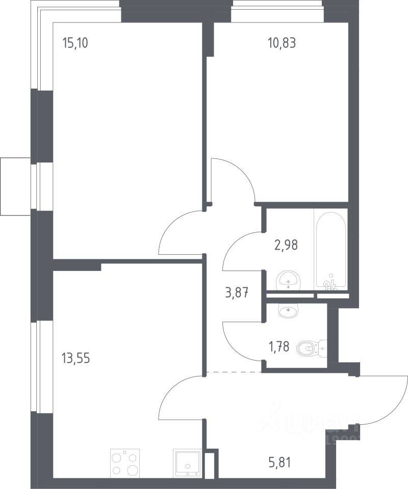 2-комн. квартира, 53,92 м², в ЖК Богдановский Лес