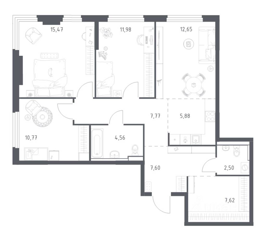 3-комн. квартира, 86,8 м², в ЖК «Пригород Лесное»