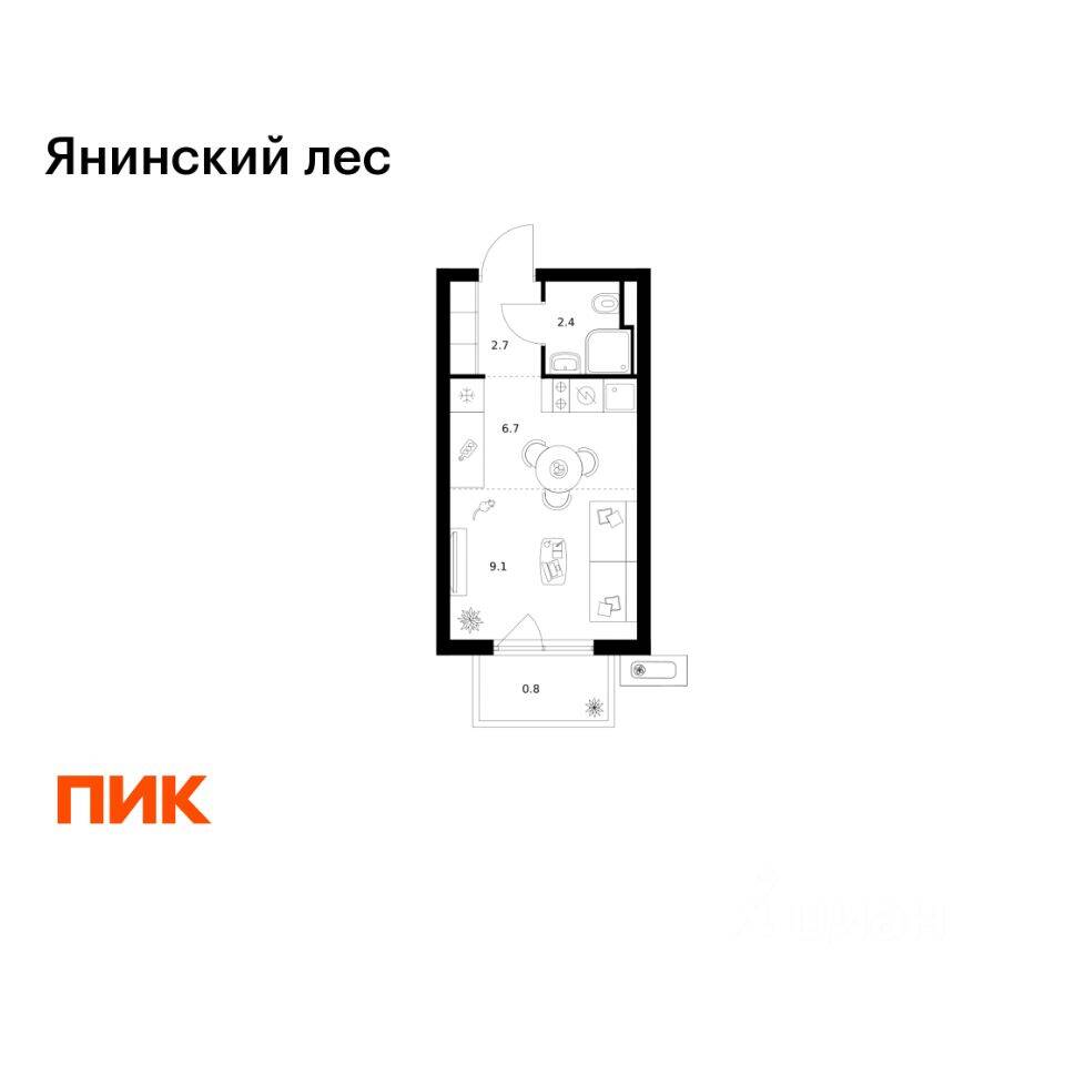 Квартира-студия, 21,7 м², в ЖК Янинский лес