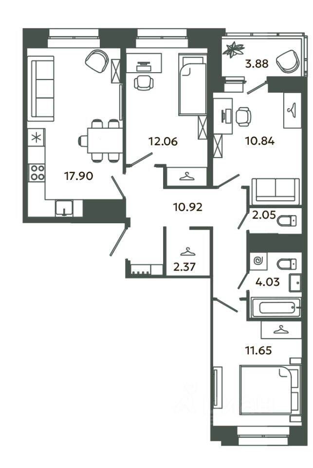 3-комн. квартира, 71,82 м², в ЖК Загляденье