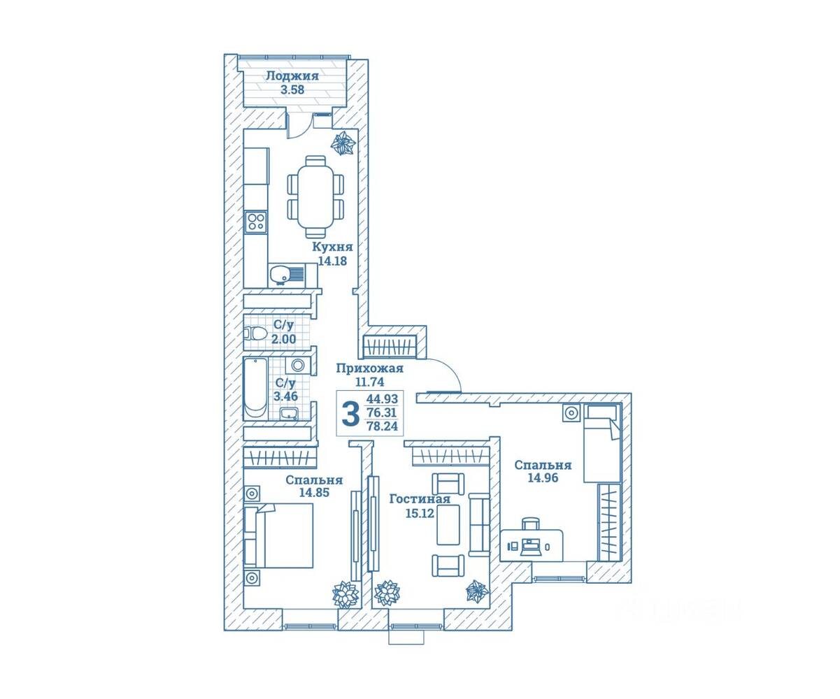3-комн. квартира, 78,5 м², в ЖК Новоград Монино