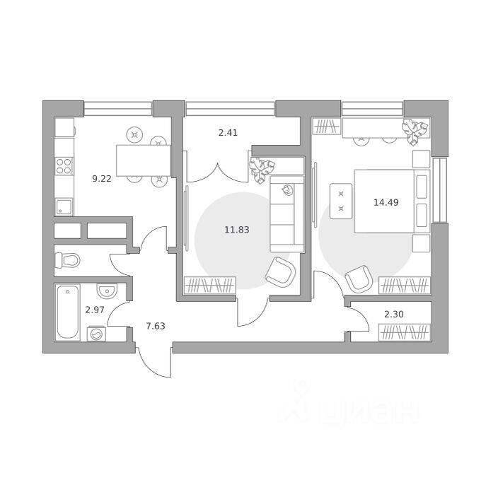 2-комн. квартира, 52,5 м², в ЖК Пехра