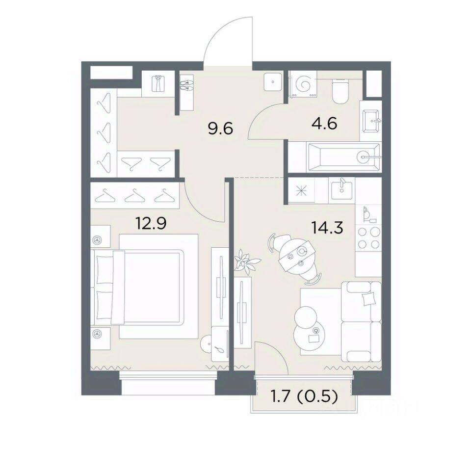 Планировка 1 комнатной квартиры, 41.9 м², в «Станиславский»