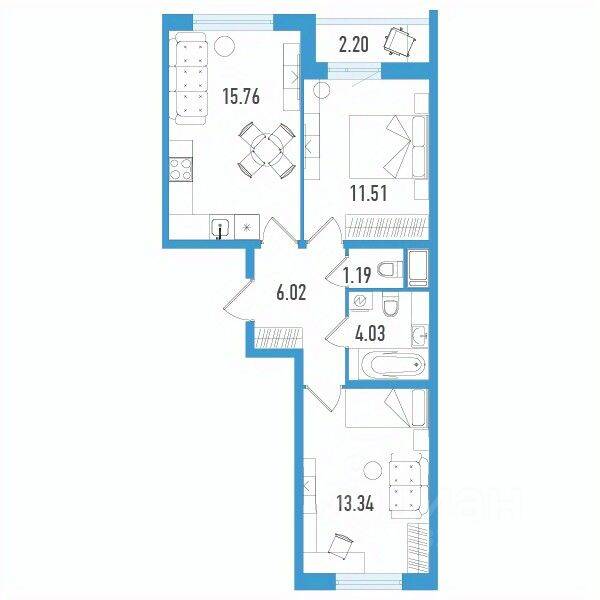 2-комн. квартира, 52,51 м², в ЖК Южный форт