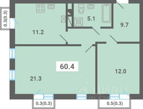 2-комн. квартира, 60,4 м², в Малоэтажный ЖК «Южная Долина»