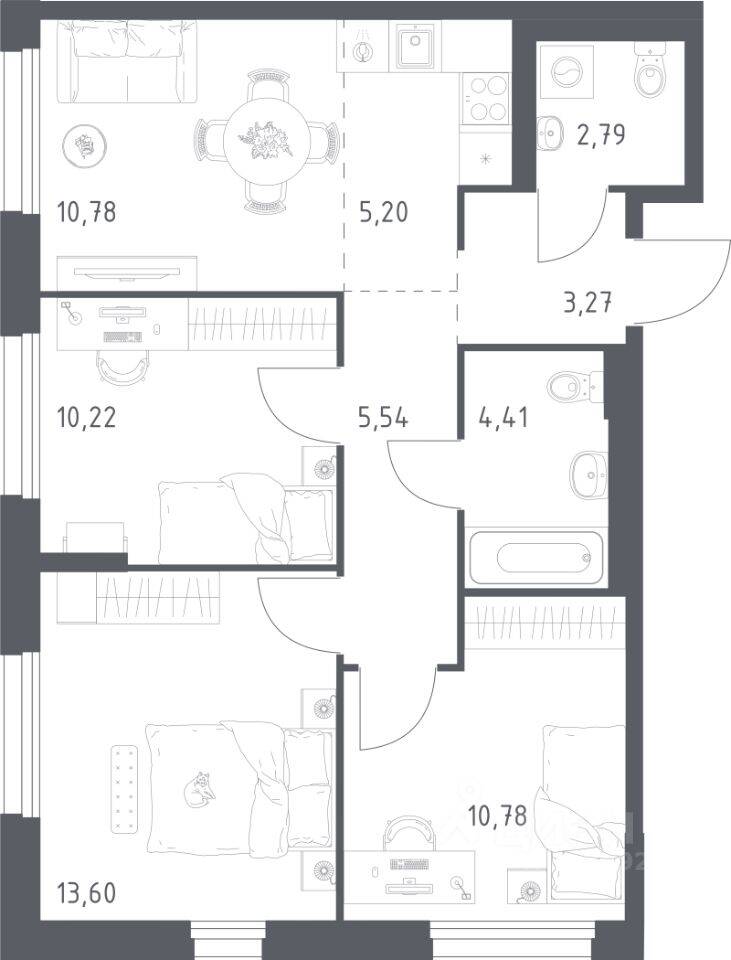 3-комн. квартира, 66,59 м², в ЖК Новое Внуково
