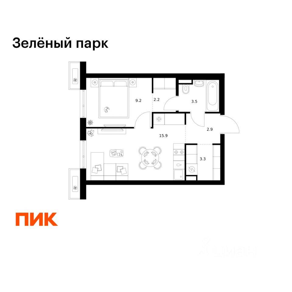 1-комн. квартира, 37 м², в ЖК Зеленый парк