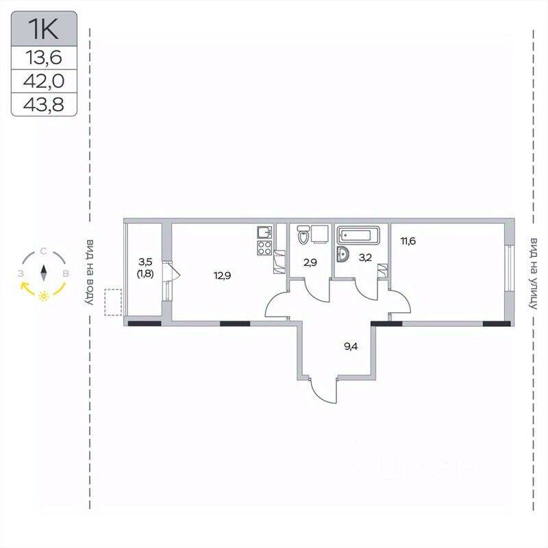 1-комн. квартира, 43,8 м², в ЖК «Пироговская Ривьера»