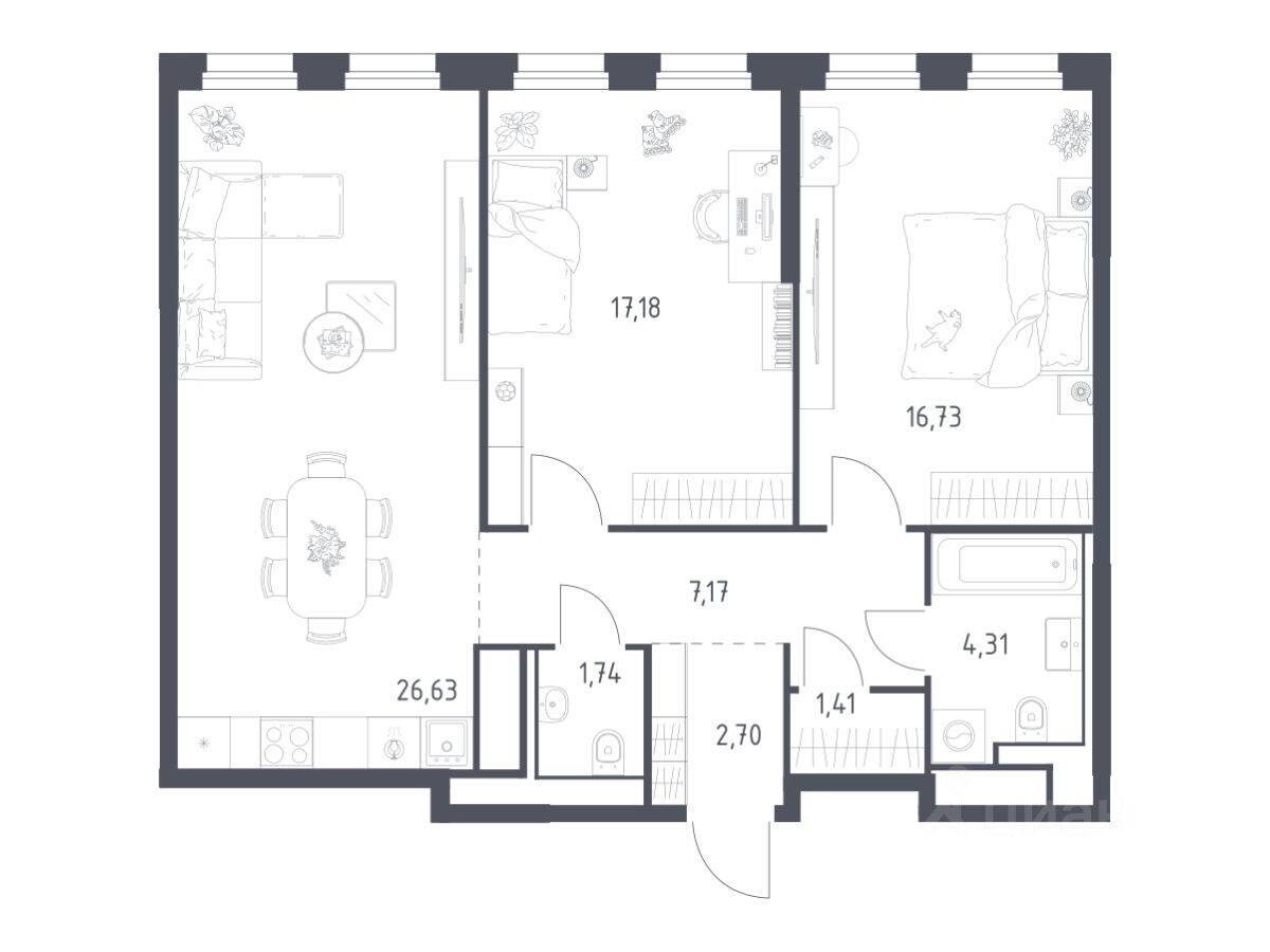 2-комн. квартира, 77,87 м², в ЖК Квартал на воде