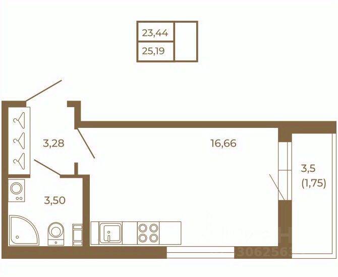 Планировка 1 комнатной квартиры, 25.19 м², в «Новая история»