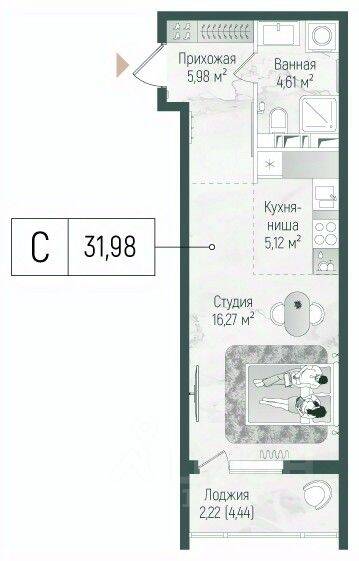 Планировка 1 комнатной квартиры, 33.3 м², в «Riga Hills»