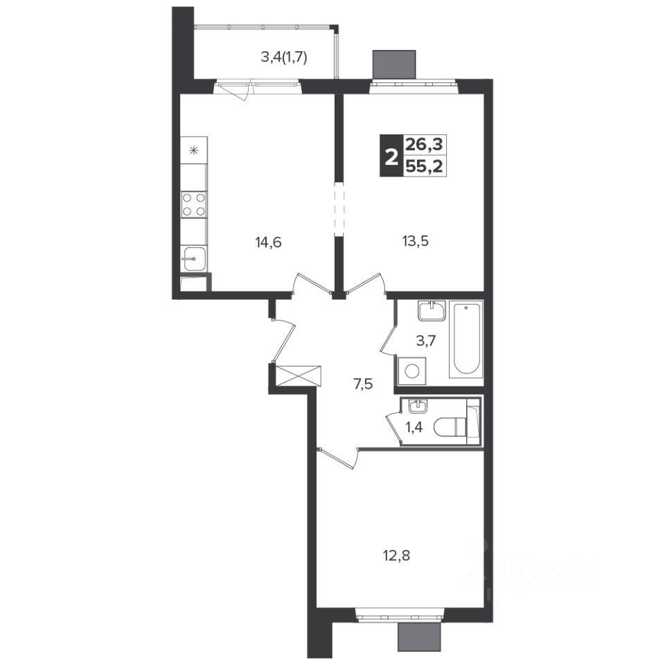 2-комн. квартира, 54,7 м², в ЖК «Южная Битца»