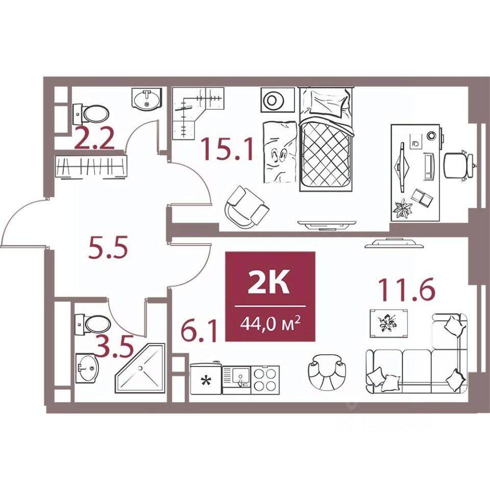 2-комн. квартира, 44 м², в ЖК Legacy